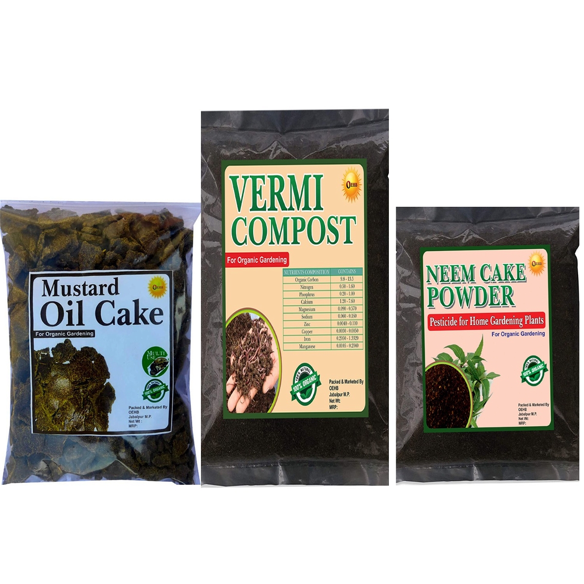 OEHB 3 in 1 100% Organic Neem Cake Powder 450gm, Vermicompost 900gm and Mustard Oil Cake 450gm (Total 1800gm) for Plant || Trace Garden || Indoor and Outdoor Plant
