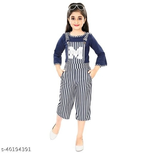 GKb-40194391 Girls Multicolor Cotton Blend Dungarees Pack Of 1 - Navy Blue, 6-7 Years