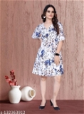 GWWb-132363912 Women White Floral Printed A-Line Midi Dress - Dark Blue, M