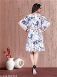 GWWb-132363912 Women White Floral Printed A-Line Midi Dress - Dark Blue, XL