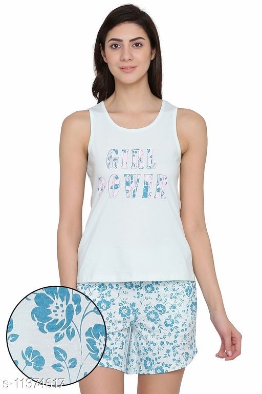 GTCb-11374617 Clovia Clovia Text Print Top & Floral Print Shorts Set in Light Blue- 100% Cotton  - XL, Onahau