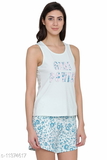 GTCb-11374617 Clovia Clovia Text Print Top & Floral Print Shorts Set in Light Blue- 100% Cotton  - XL, Onahau