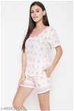 GTCb-46887494 Clovia Print Me Pretty Top & Shorts Set in White - Crepe - XL, Pink