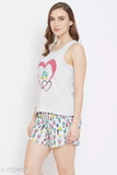 GTCb-11374618 Clovia Clovia Printed Top & Printed Shorts Set in White- 100% Cotton  - White, XXL
