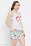 GTCb-11374618 Clovia Clovia Printed Top & Printed Shorts Set in White- 100% Cotton  - White, XXL