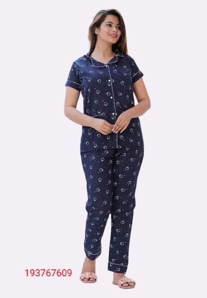 GTCb-193767609 Jaipuri Handblock Printed Night Suits Top & Payjama For Womens Girls - Navy Blue, L