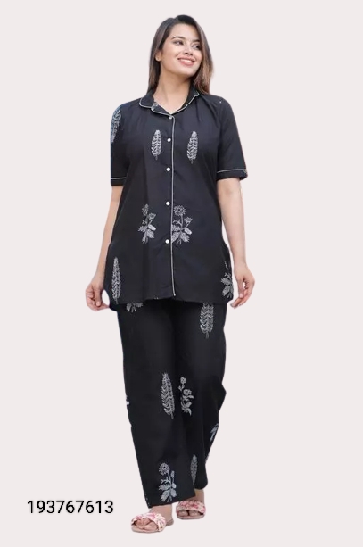 GTCb-193767613 Jaipuri Handblock Printed Night Suits Top & Payjama  - Black, L