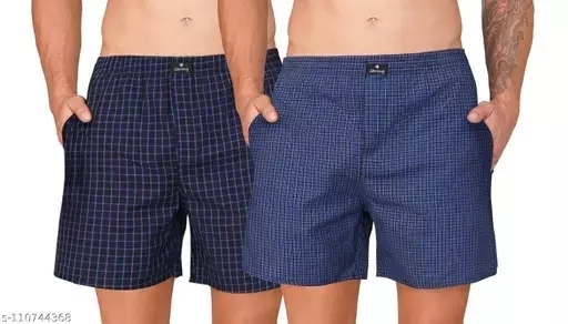 GMa-110744368 Mens Boxer Shorts Cotton Checks Side Pockets 0102 (Pack of 2) - Navy Blue & Blue, 28