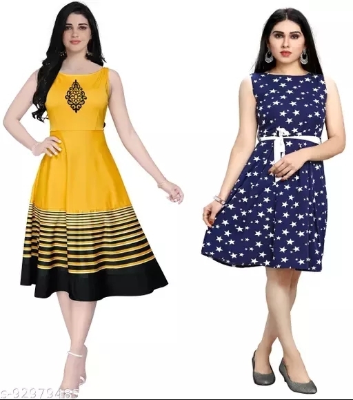 GWWb-92979481 Trendy Mordern Women Dresses - Yellow & Navy Blue, S