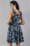 GWWb-115329858 Women's Rayon Flared Printed Dress  - Catalina Blue, M