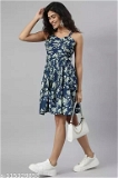 GWWb-115329858 Women's Rayon Flared Printed Dress  - Catalina Blue, L