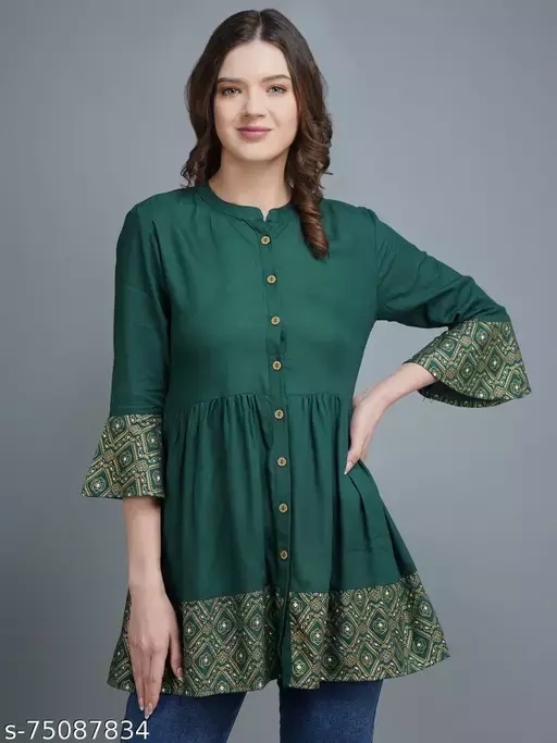 GWWc-75087834 Womens rayon printed top, partywear top, - Blue Stone, L