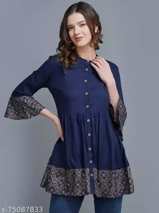 GWWc-75087834 Womens rayon printed top, partywear top, - Navy Blue, M