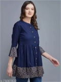 GWWc-75087834 Womens rayon printed top, partywear top, - Navy Blue, M