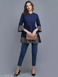 GWWc-75087834 Womens rayon printed top, partywear top, - Navy Blue, L