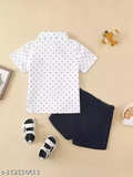 GKa-152510607 Yellow Leaves Printed Shirt& Shorts - White & Black, 1-2 Years