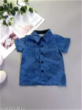 GKa-152510611 Blue Leaves Printed Shirt& Shorts - Dark Blue, 0-1 Years