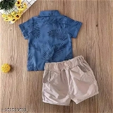 GKa-152510611 Blue Leaves Printed Shirt& Shorts - Dark Blue, 0-1 Years