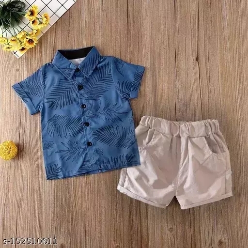 GKa-152510611 Blue Leaves Printed Shirt& Shorts - Dark Blue, 12-18 Months