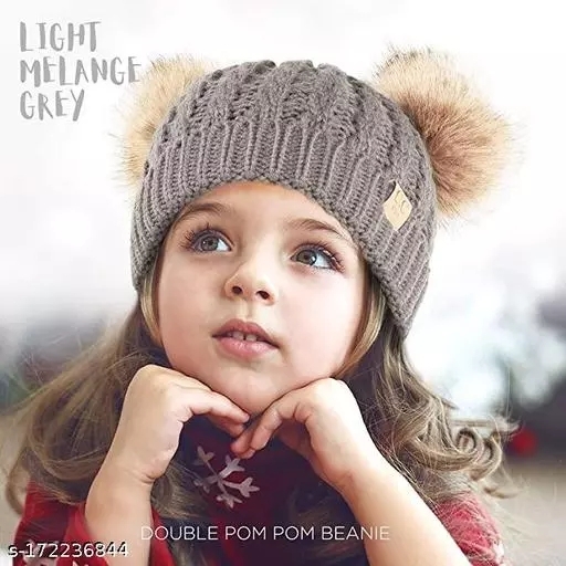 GWSc- 172236844 Children Double Pompom Knitted Beanie  - Pale Slate, 0-6 Months
