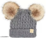 GWSc- 172236844 Children Double Pompom Knitted Beanie  - Pale Slate, 0-6 Months