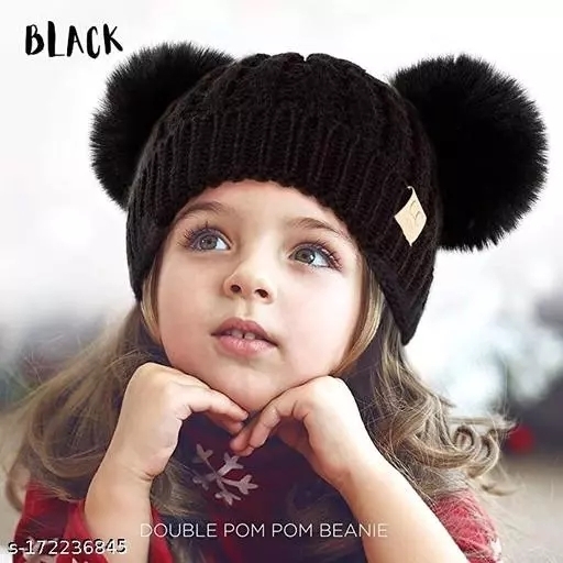GWSc- 172236844 Children Double Pompom Knitted Beanie  - Black, 0-3 Months