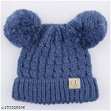 GWSc- 172236846 Children Double Pompom Knitted Beanie for Boys & Girls  - Kashmir Blue, 0-3 Months