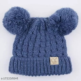 GWSc- 172236846 Children Double Pompom Knitted Beanie for Boys & Girls  - Kashmir Blue, 0-6 Months