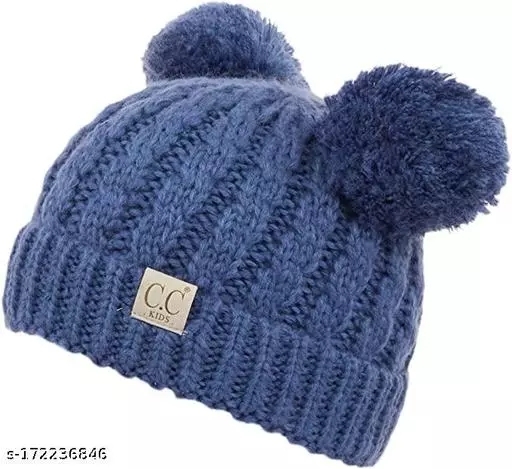 GWSc- 172236846 Children Double Pompom Knitted Beanie for Boys & Girls  - Kashmir Blue, 3-6 Months
