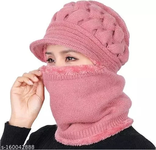 GWSc-1160042888 Speardune Girls Women Winter Woolen Knitted Hat Cap  - Sea Pink, Free Size