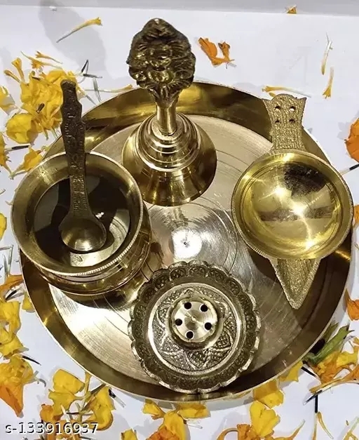 GHDc-133916937 UJJKART Pure Brass Set 5 Piece Pooja Plate,  - P-A, Free Size