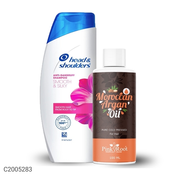 Pink Root Moroccan Argan Oil 100ml With Head & Shoulders Anti Dandruff Shampoo Smooth & Silky 180ml