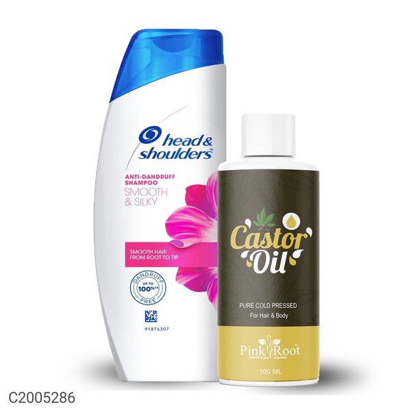 Pink Root Castor Oil 100ml With Head & Shoulders Anti Dandruff Shampoo Smooth & Silky 180ml