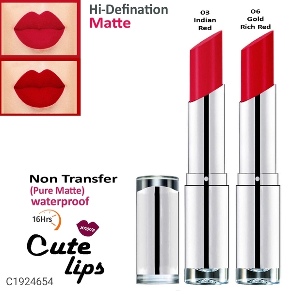 bq BLAQUE B.Berry Cute Lips Non Transfer Matte Lipstick 2.4 gm each - 03 Indian Red 06 Gold Rich Red