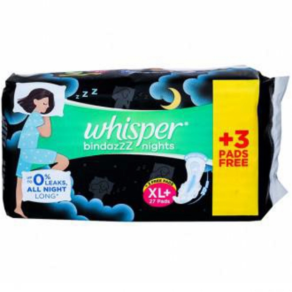 Whisper Bindazzz Nights Sanitary Pads - XL, Longer & Wider Back, Stops Leakage, Pack Of 27 pcs