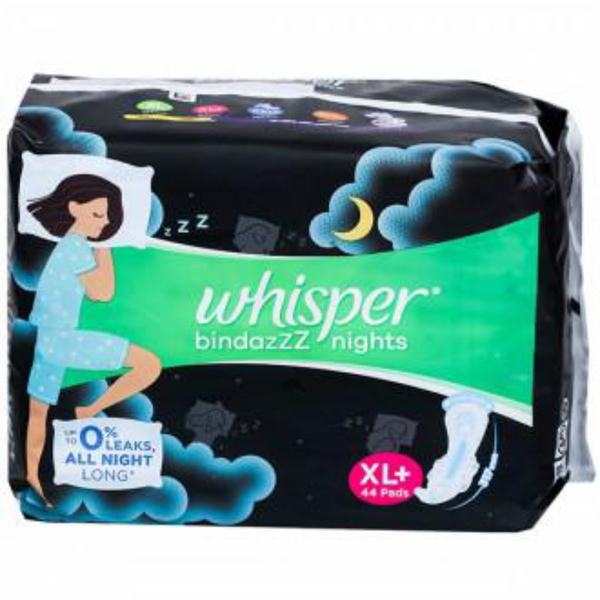 Whisper Bindazzz Nights Sanitary Pads - XL, Longer & Wider Back, Stops Leakage, Pack Of 44 pcs