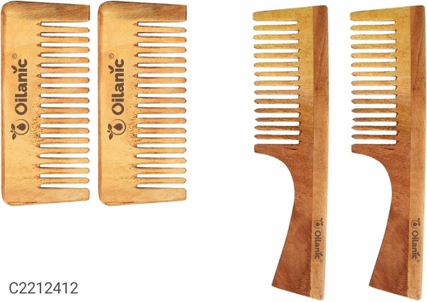 Oilanic Handmade Medium Detangler Neem Wooden Comb(5.5 inches) & Dressing Handle Comb(7.5 inches)- For Antidandruff Men & Women Combo pack of 4 Pcs(2 Pcs Each variety)