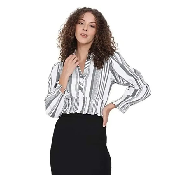 Oxolloxo Women Stripe Long Sleeve Polo Neck Crop Top - L, Rskart