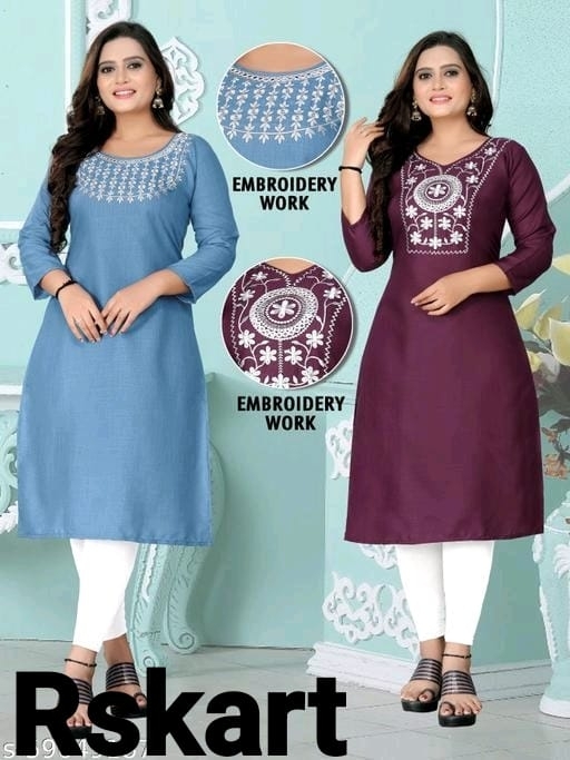 Trendy Cotton Embroidery Kurti Colour Denim And Purple  - Rskart, S