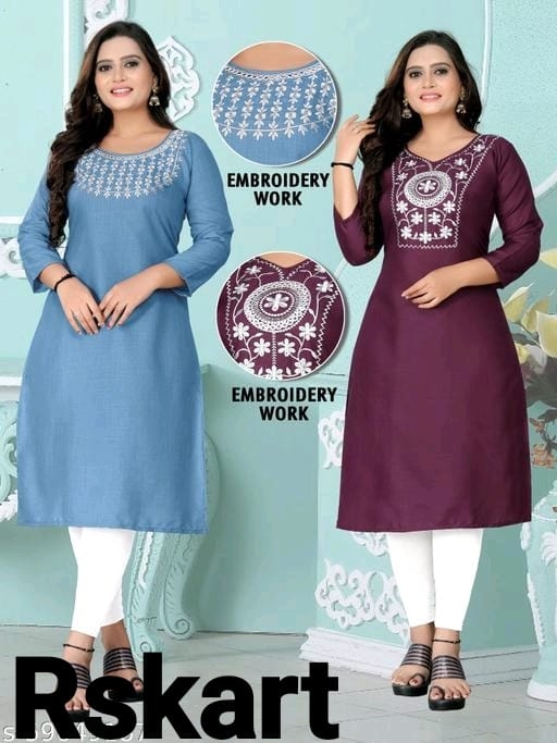 Trendy Cotton Embroidery Kurti Colour Denim And Purple  - Rskart, M