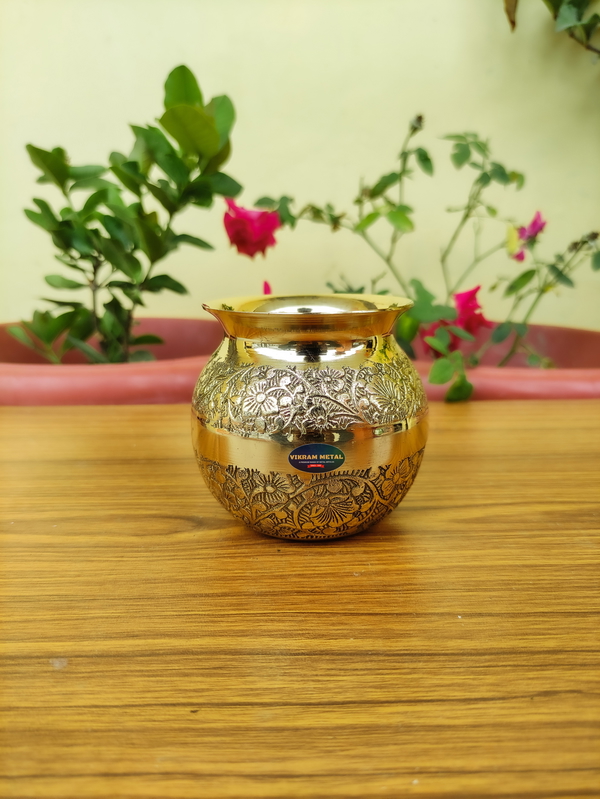 VIKRAM METAL  Brass Embossed Lota  - 3.4 INCH, GOLDEN, 350 ML