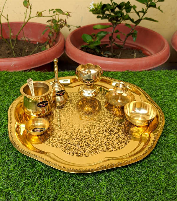 VIKRAM METAL  Brass Pooja Thali Set - 12 INCH, GOLDEN