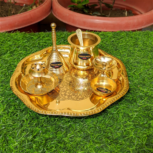VIKRAM METAL  Brass mini  Pooja Thali Set - 8 INCH, GOLDEN