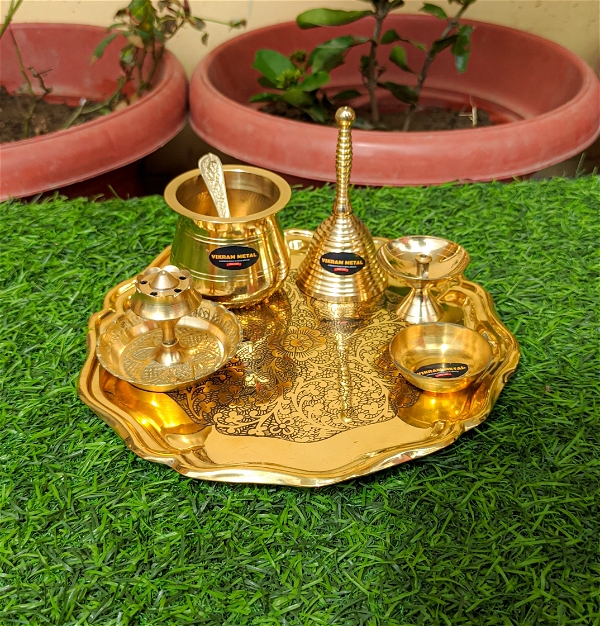 VIKRAM METAL   Brass mini Pooja Thali Set - 8 INCH, GOLDEN
