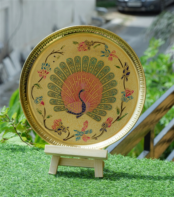 VIKRAM METAL  Brass colour plate (Engraved Printed Peacock Design) - 7 INCH