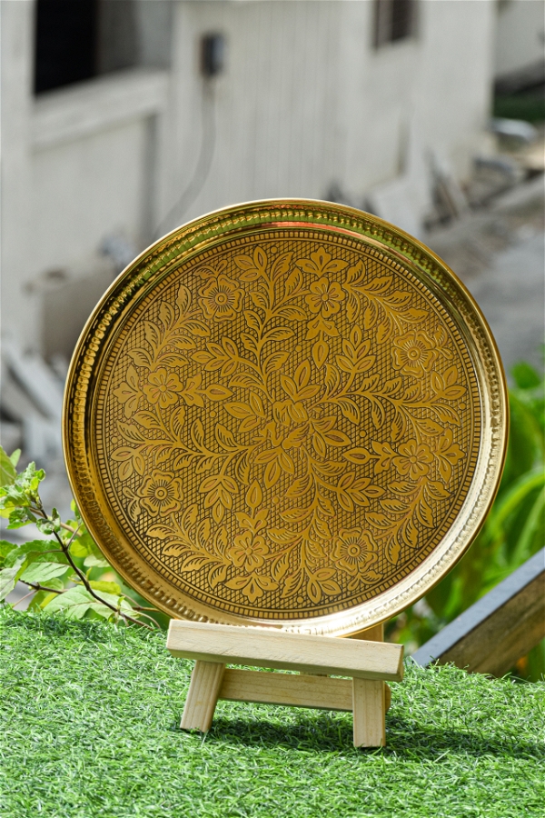 VIKRAM METAL  Brass Emboss Round Plate with flower emboss print  - 6.1 INCH, GOLDEN