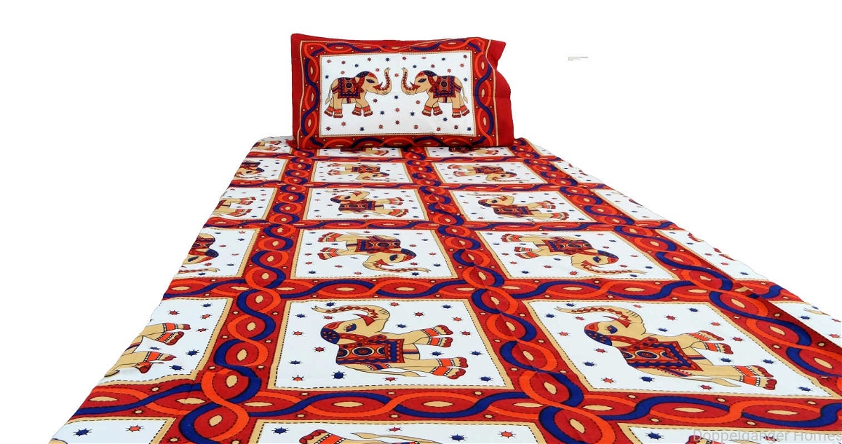 Red Elephant Ethnic Cotton Single Bed Sheet
