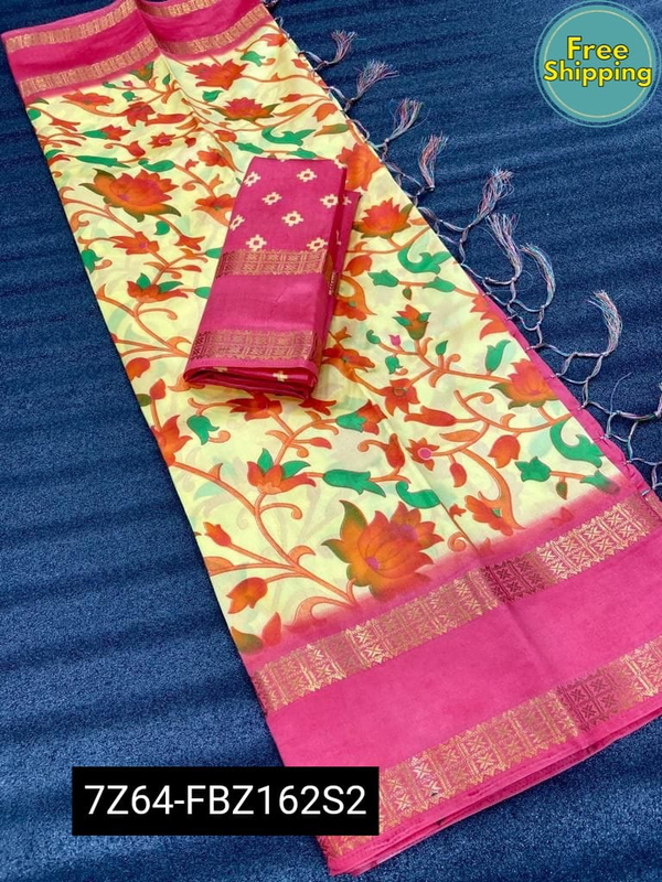 SOFT LICHI SILK beautiful jacquard weaving border and HD floral print and attractive tassels on pallu - Pink Flamingo, Free Size