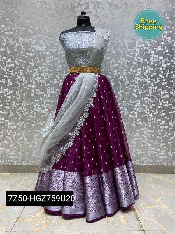 Kanchi Orgenza Silk Lengha Cut Work Duppta & Blouse - Gold, Free Size