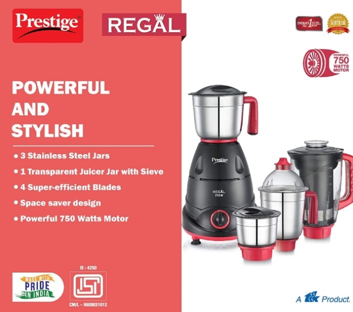 Prestige Regal Mixer Grinder, 750W, 3 Stainless Steel Jar + 1 Juicer Jar